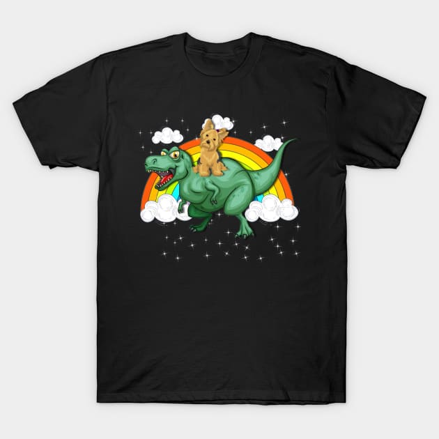 T Rex Dinosaur Riding Yorkie Dog T-Shirt by LaurieAndrew